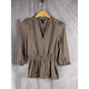 HM Womens Satin V-Neck Smocked Waist Peplum Blouse Taupe Brown‎ Size 4